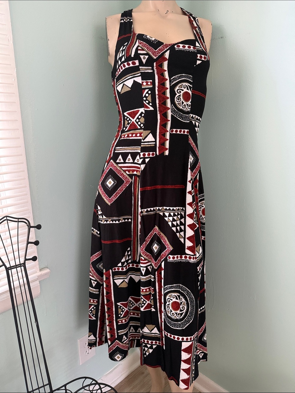 Vintage 90s Y2K Artsy Boho Goddess Black & Red Tribal Geometric Midi Dress